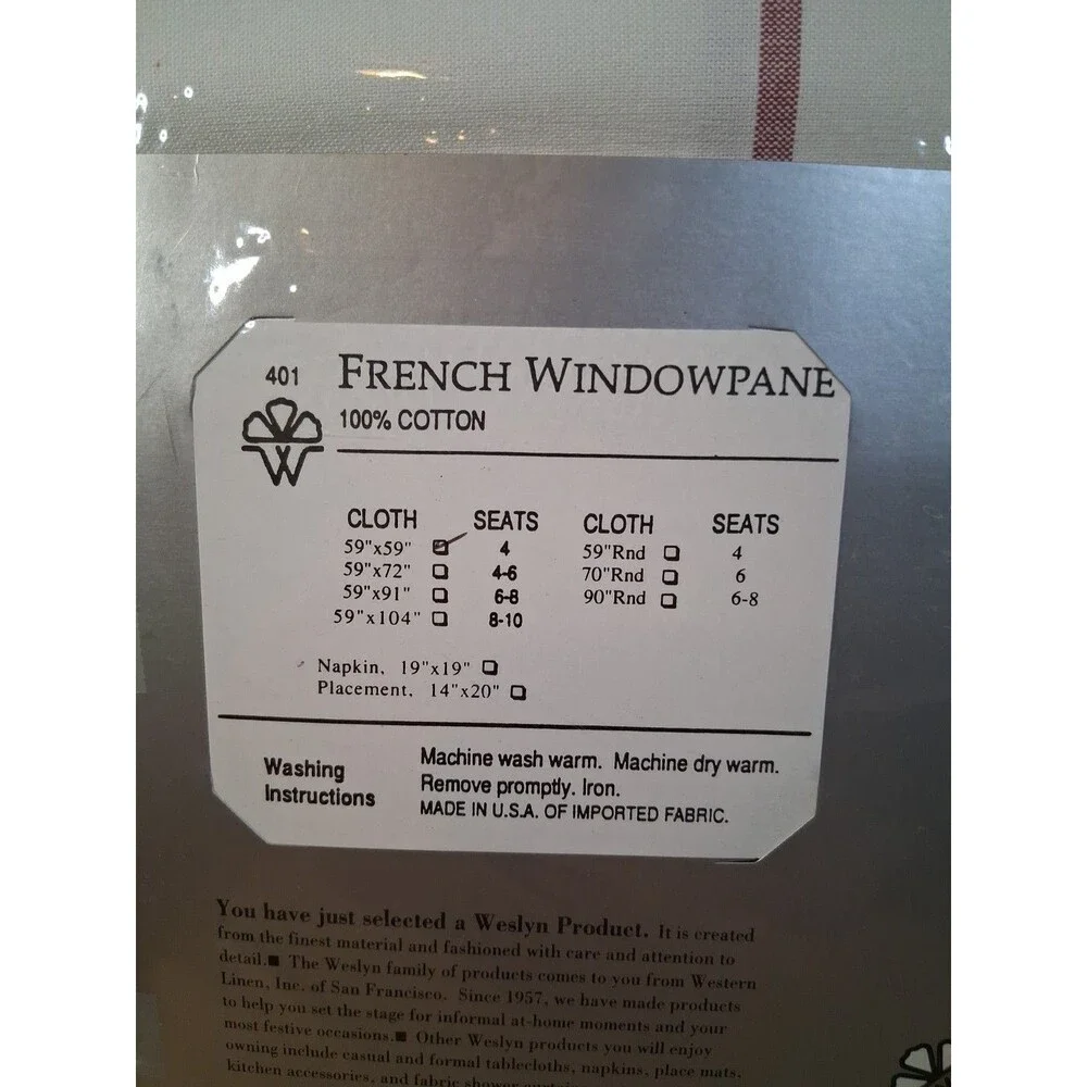 Vtg WesLyn 100% Cotton Tablecloth Red White French Windowpane 59x59